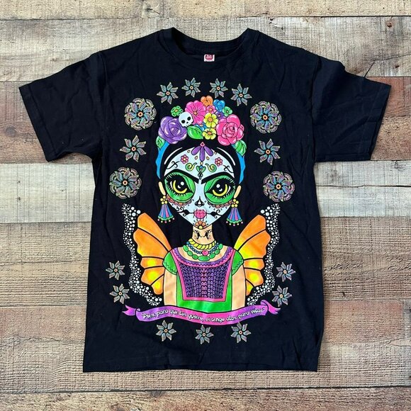 Frida Kahlo Skull Front Back Double Sided Print Short Sleeve Graphic Tee T-shirt - Picture 1 of 5